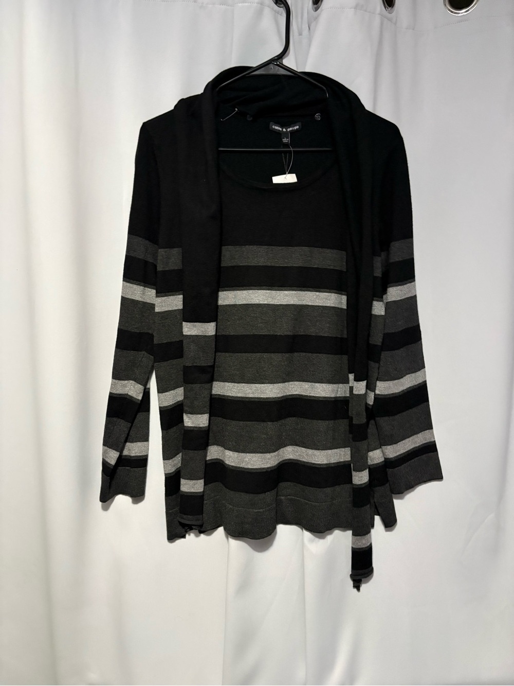 Cable & Gauge Black and Gray Striped Hooded Open-Front Cardigan
